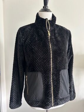 Anne Klein S Black Plush Zip-Front Jacket with Gold Hardware